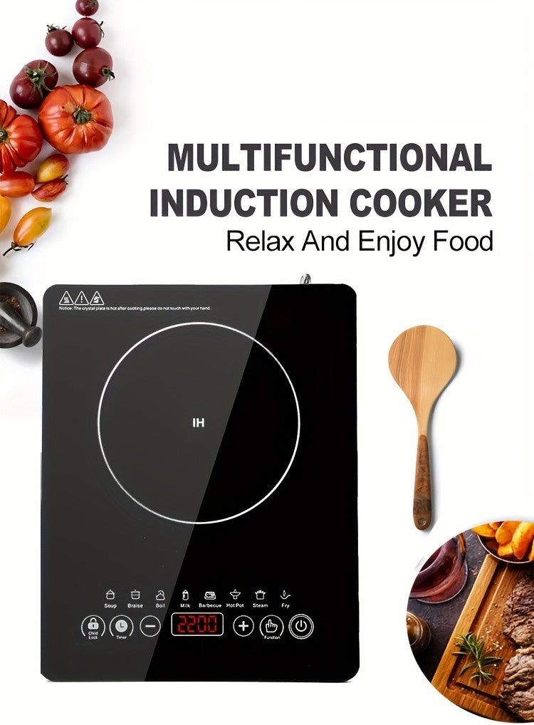 Portable Induction Cooktop with Black Crystal Touch Panel, Single Burner Electric Countertop Stove for Everyday Home Kitchen Cooking and Meal Preparation