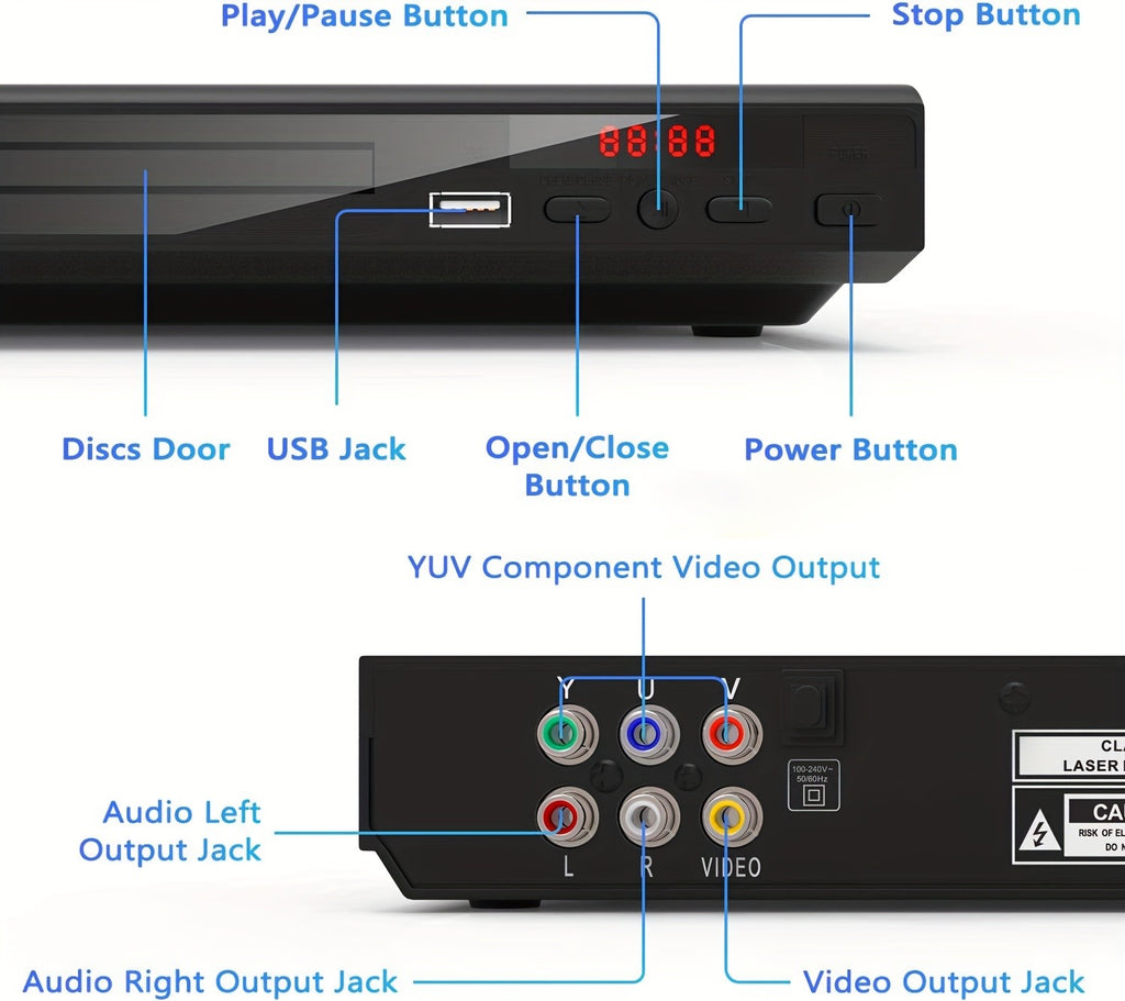 AV Output DVD Player for TV in Black with USB 2.0 Media Playback, Remote Control, Resume Function, CD-R and CD-RW Support and Included Three-in-One AV Cable