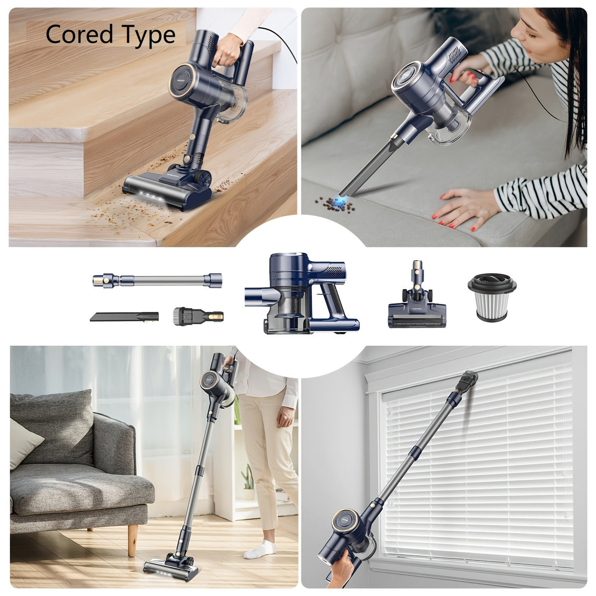 Stick Vacuum Cordless 46Kpa Powerful Suction, 6-in-1 Lightweight Vacuum Cleaner with Anti-Tangle LED-Lit Brush Head, Removable Battery for Hardwood, Carpet and Pet Hair