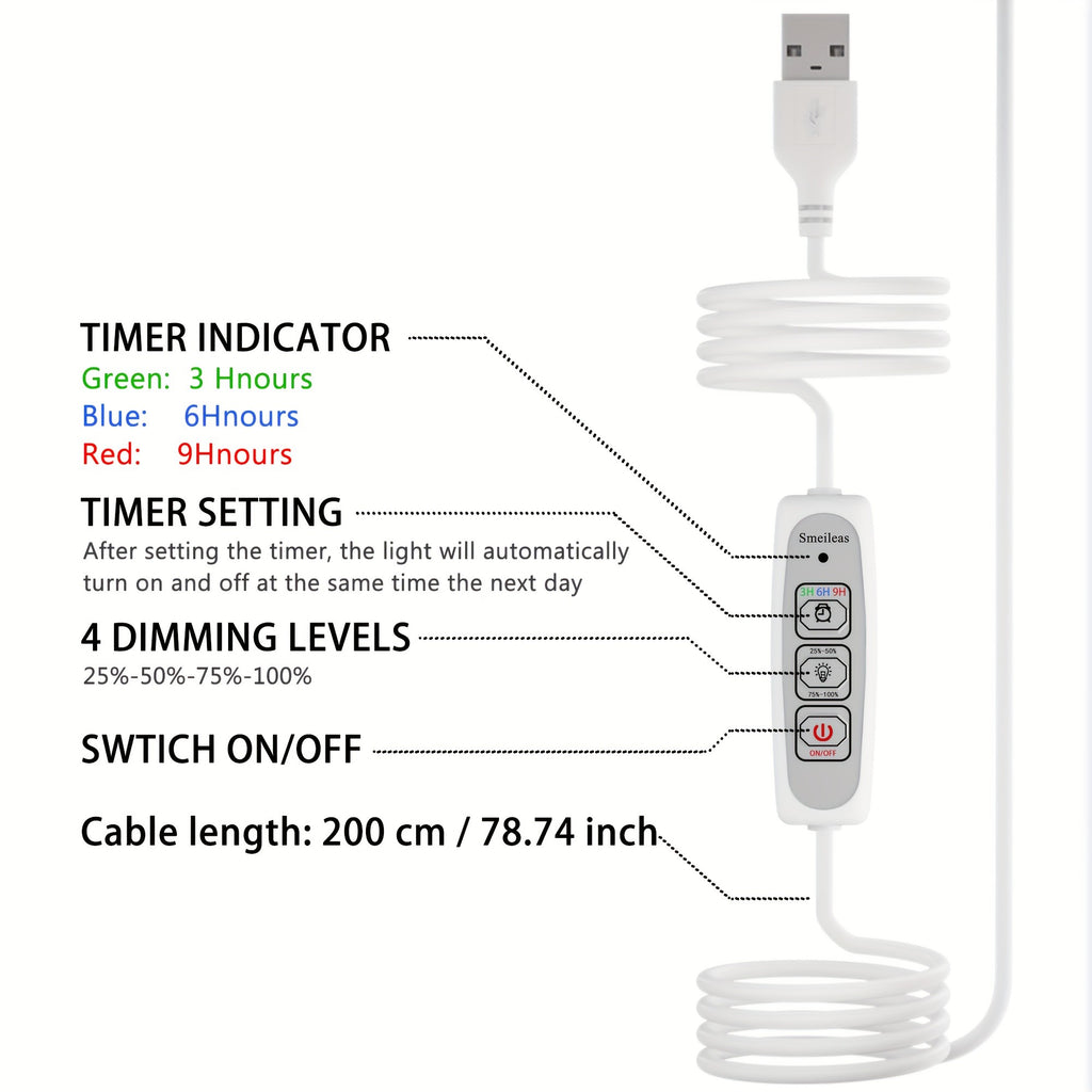 Full Spectrum Grow Light 3-Piece Set by Smeileas, Adjustable Brightness and Height with 3/6/9 Hour Auto On/Off Timer for Indoor Plant Care, White