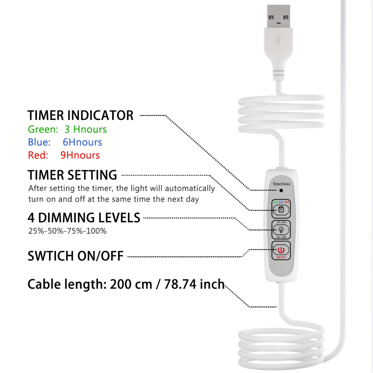 Full Spectrum Grow Light 3-Piece Set by Smeileas, Adjustable Brightness and Height with 3/6/9 Hour Auto On/Off Timer for Indoor Plant Care, White
