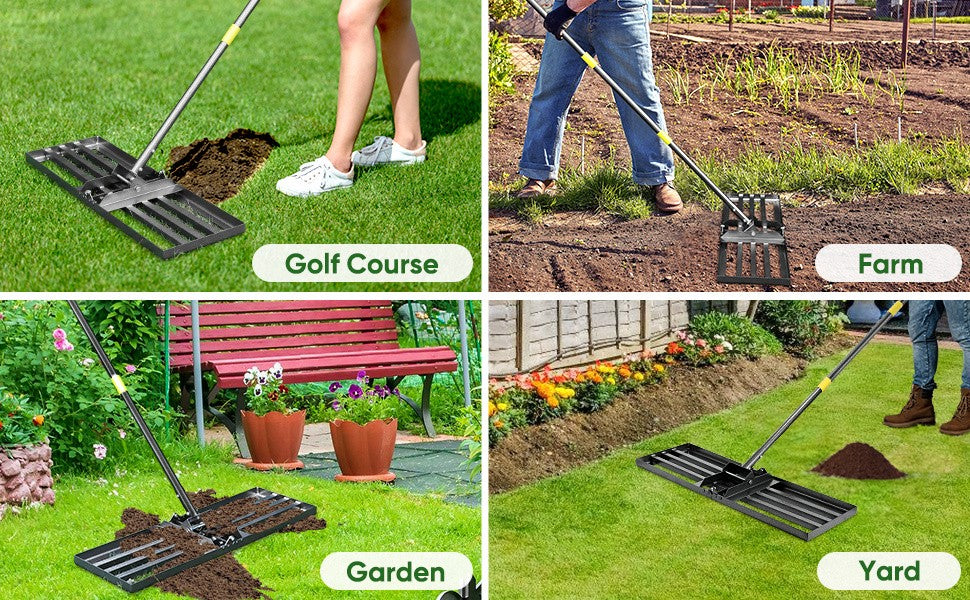 Lawn Leveling Rake in Yellow with 5FT Size Option, Metal Lawn Leveler with Foldable Head and Adjustable Handle for Spreading Sand and Soil in Yards