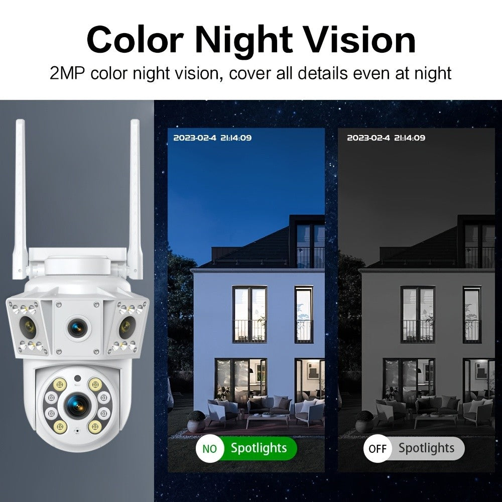Dual-Band WiFi Surveillance Camera with Listed 6MP Dual Lenses, Human Tracking, Color Night Vision and Two-Way Audio in White for App-Based Home Monitoring