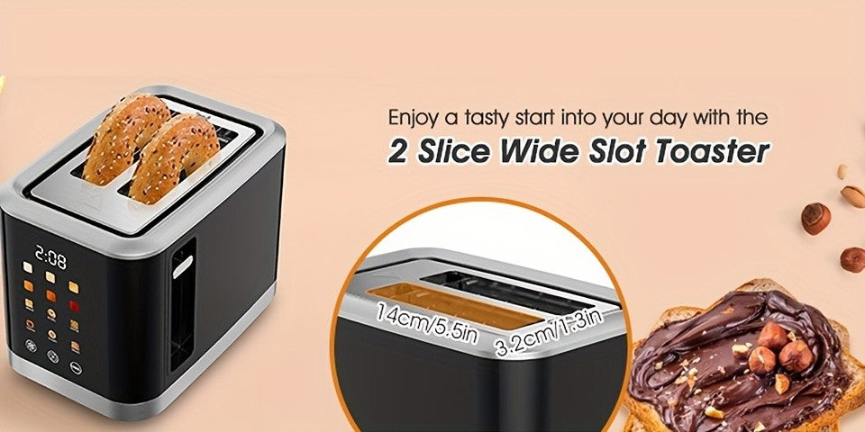 Black Touchscreen Two-Slice Toaster with Listed 1.5-Inch Wide Slots, Cancel and Defrost Functions for Compatible Bread and Bagels, Adjustable Toast Setting Wording