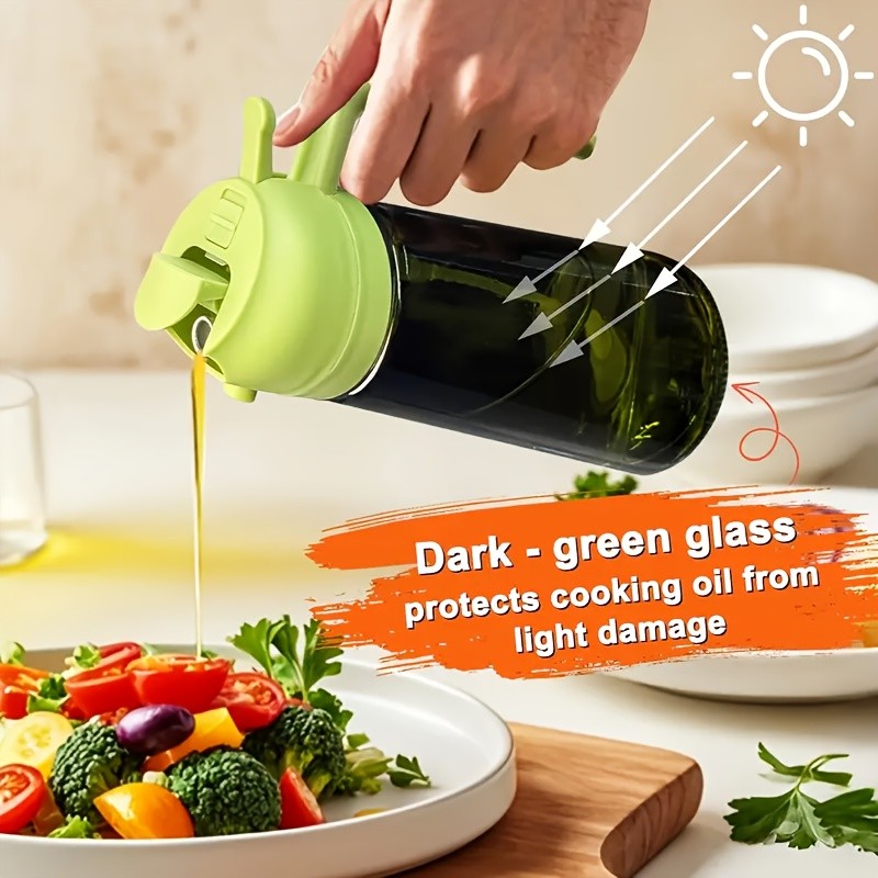 Glass Olive Oil Sprayer and Dispenser Set of 2, 2-in-1 Kitchen Bottles with Listed Automatic Flip Cap for Cooking and BBQ Prep, Random Olive Green or Clear Color