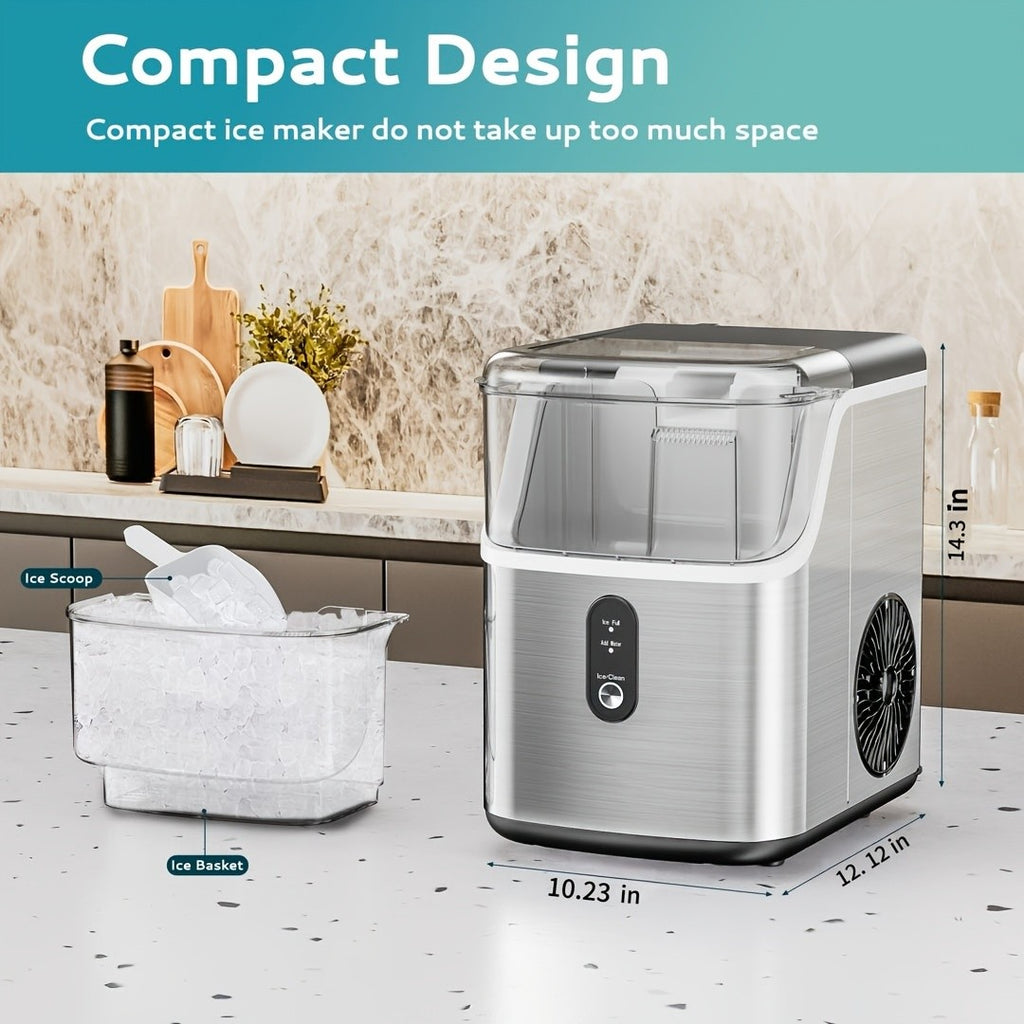 Carry-Handle Countertop Ice Maker with Bullet or Nugget Ice Option Labels, Self-Cleaning Wording, Basket and Scoop for Kitchen and Office Drink Preparation