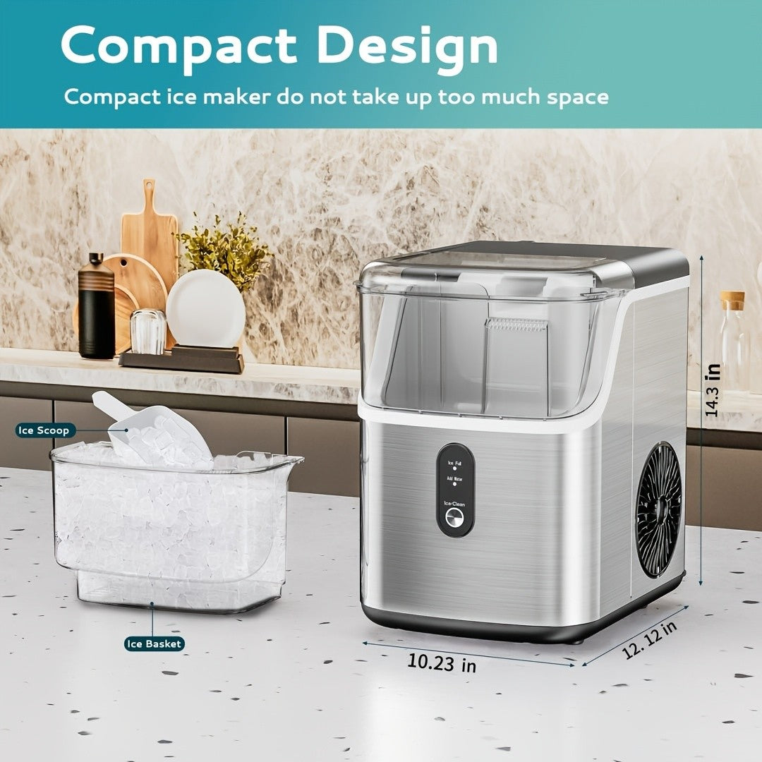 Carry-Handle Countertop Ice Maker with Bullet or Nugget Ice Option Labels, Self-Cleaning Wording, Basket and Scoop for Kitchen and Office Drink Preparation