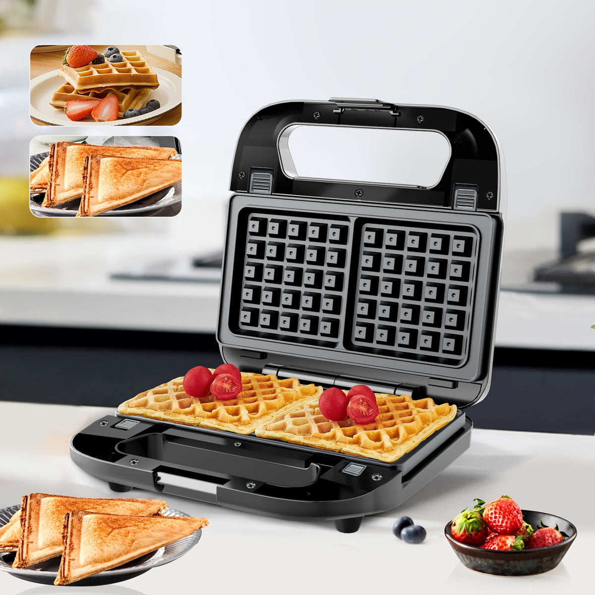 Three-in-One Sandwich and Waffle Maker with Listed 750W Power and Removable Nonstick Plates, Teal and Three-Plate Option Labels for Home Kitchen Meal Preparation