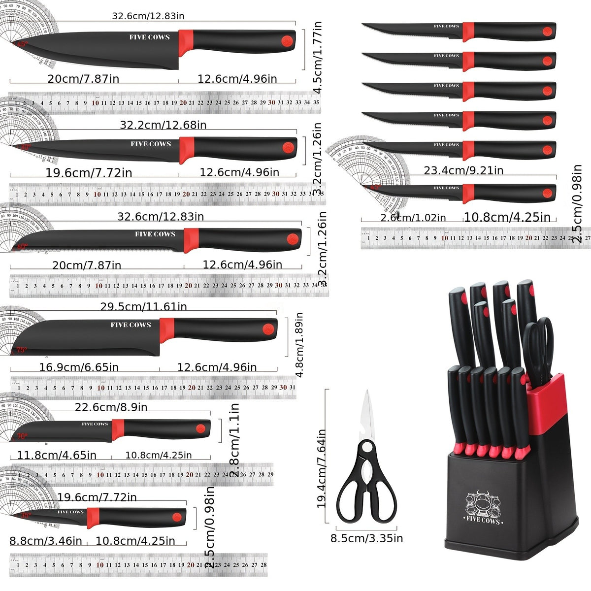 High Carbon Stainless Steel Knife Set with Manual Sharpener and Holder Base, Plastic Handle Kitchen Collection in 14-Piece and 13+1 Color-Labeled Options