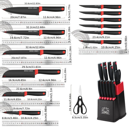 High Carbon Stainless Steel Knife Set with Manual Sharpener and Holder Base, Plastic Handle Kitchen Collection in 14-Piece and 13+1 Color-Labeled Options