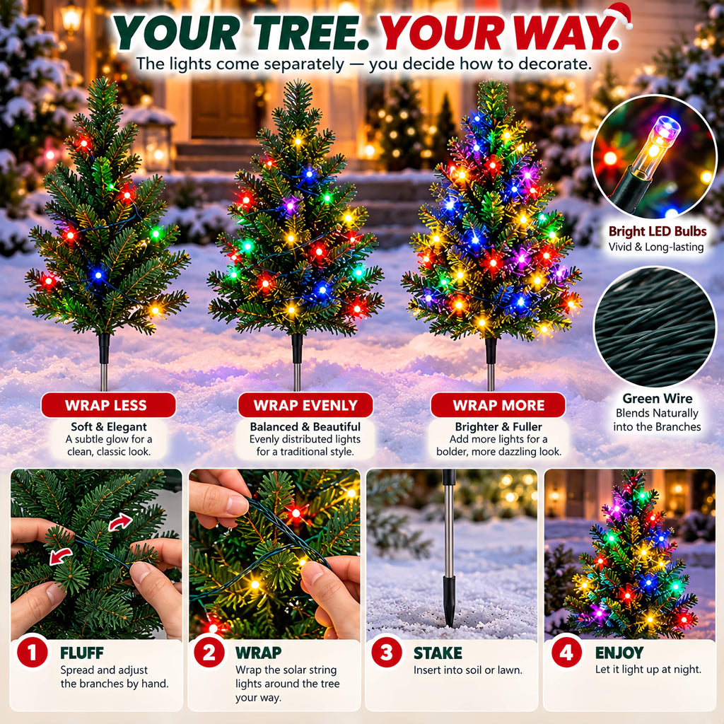 Solar Christmas Tree Stake Lights with DIY Branch Shaping and Separate Multicolor String, LDSDS-LD-5 or LDSDS-LD-10 Model Options for Garden Holiday Displays