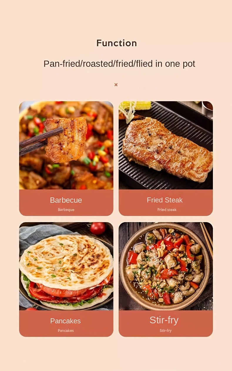 Electric Baking Pan by Aoran with Red Handle, Five Adjustable Heat Settings and Nonstick Surface, 18.11 or 19.55 Inch Total Length for Indoor Cooking