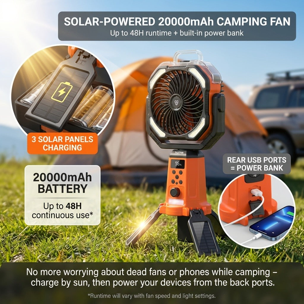 Dual-Motor Camping Fan with Listed Remote Control, 1–100 Speed Adjustment and Oscillation, Classical, Mist and Solar Option Labels for Tent and Outdoor Airflow