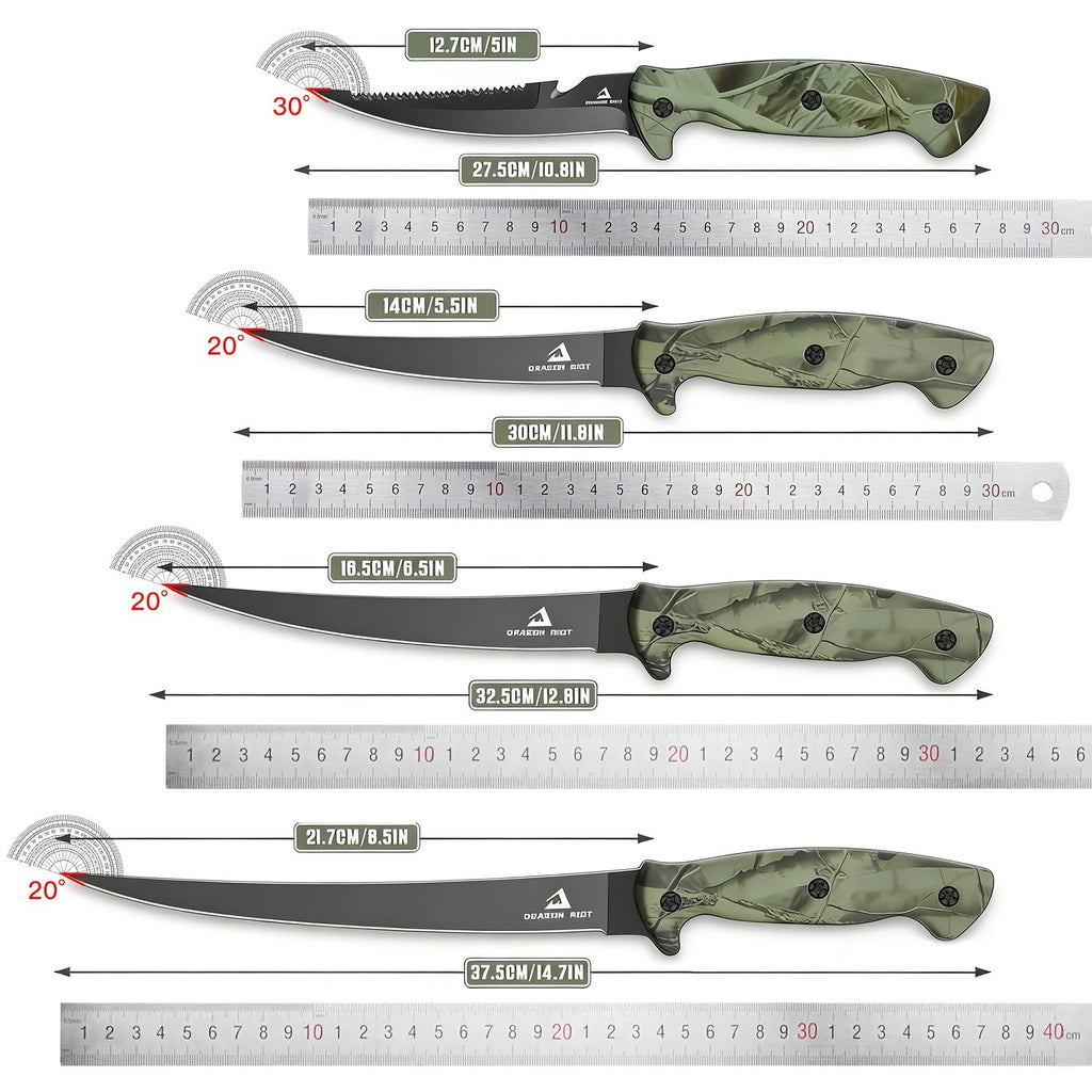 Fish Fillet Knife Set with 5, 6, 7 and 9 Inch Listed Blades, Stainless Steel Bait and Boning Tools with Carrying Bag, Sharpener and Optional Scissors Selection