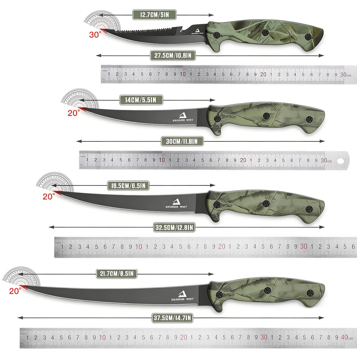 Fish Fillet Knife Set with 5, 6, 7 and 9 Inch Listed Blades, Stainless Steel Bait and Boning Tools with Carrying Bag, Sharpener and Optional Scissors Selection