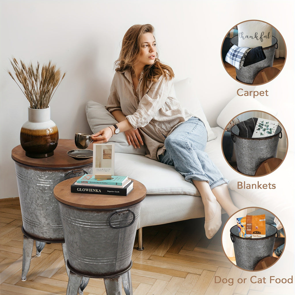 Farmhouse End Tables Set of Two with Metal Nesting Design and Round Wood Lids, Galvanized or Distressed White Accent Furniture for Rustic Living Room Styling