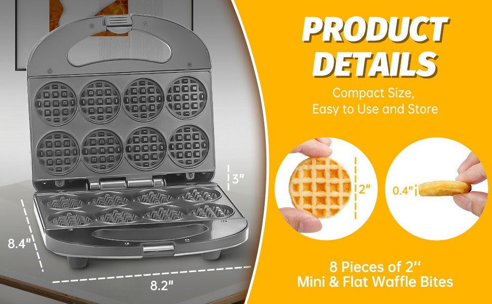 Eight-Bite Mini Waffle Maker with Nonstick Cooking Plates, ABS07-C Compact Desktop Waffle Iron for Listed 2-Inch Breakfast Bites, Snacks and Desserts