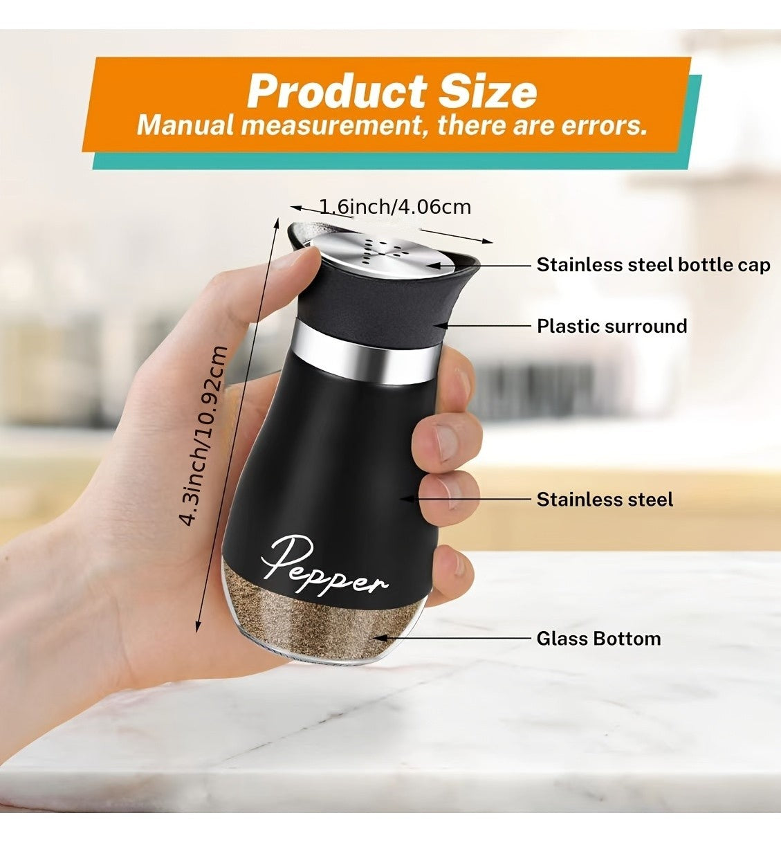 Salt and Pepper Shakers with Glass Bottoms and Stainless Steel Lids, Nine Color Set Options for Everyday Table Seasoning, Kitchen Dining, RV Meals and Barbecues