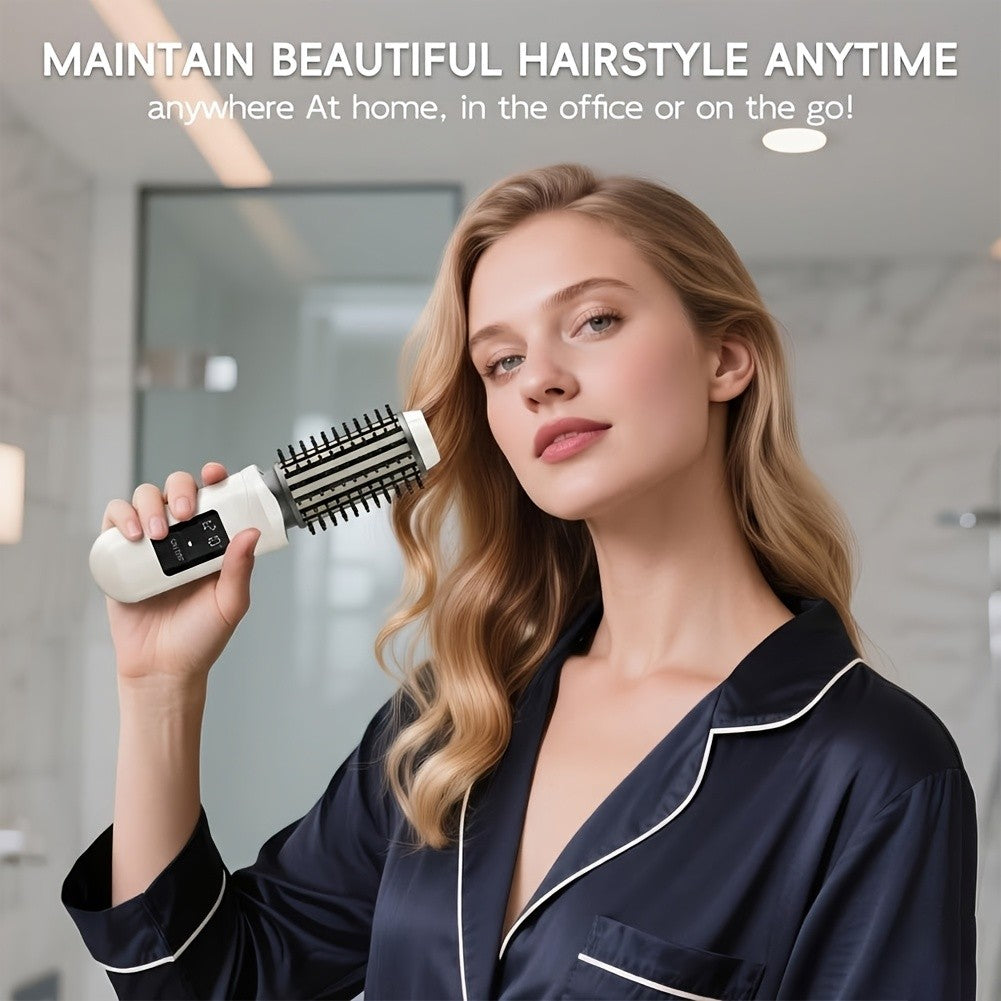 Rechargeable Hair Styling Brush with Cordless 2-in-1 Curler and Straightener Functions, Listed LED Display in White or Grey for Everyday Hair Styling Routines