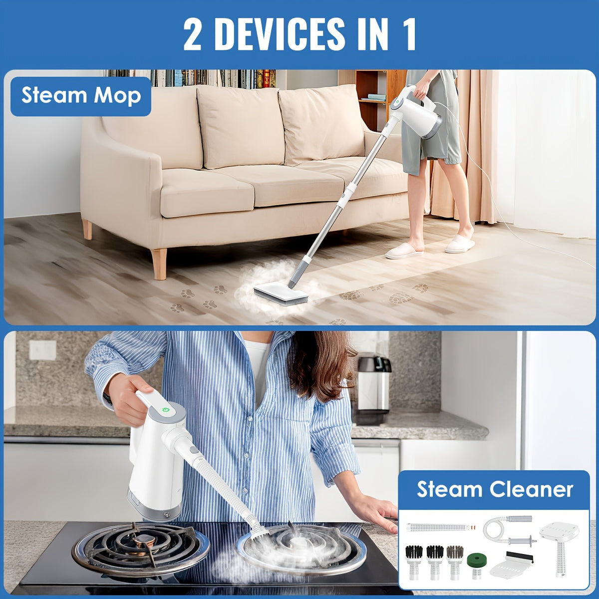 Steam Mop with Detachable Handheld Cleaner, Listed 10-in-1 Multipurpose Design and 2 Cleaning Pads in Purple or White for Compatible Home Cleaning Tasks
