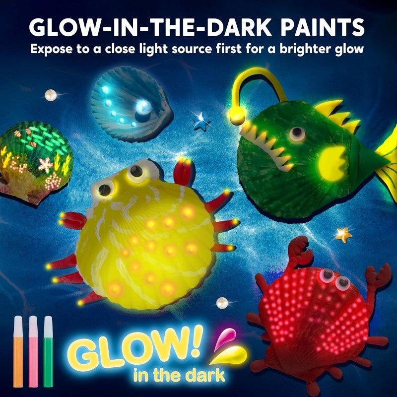 Seashell Painting Kit by SYNCFUN, 12-Shell Ocean Craft Set with 4 Glow-in-the-Dark Paint Bottles and 4 Brushes for Ages 6–12 Supervised Art Activities