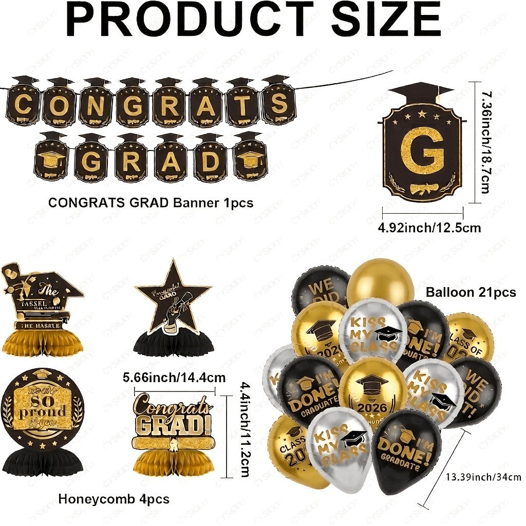 Graduation Party Decorations Class of 2026 Set with Backdrop Banner, Hanging Swirls, Balloons and Honeycomb Decor for Home Celebrations
