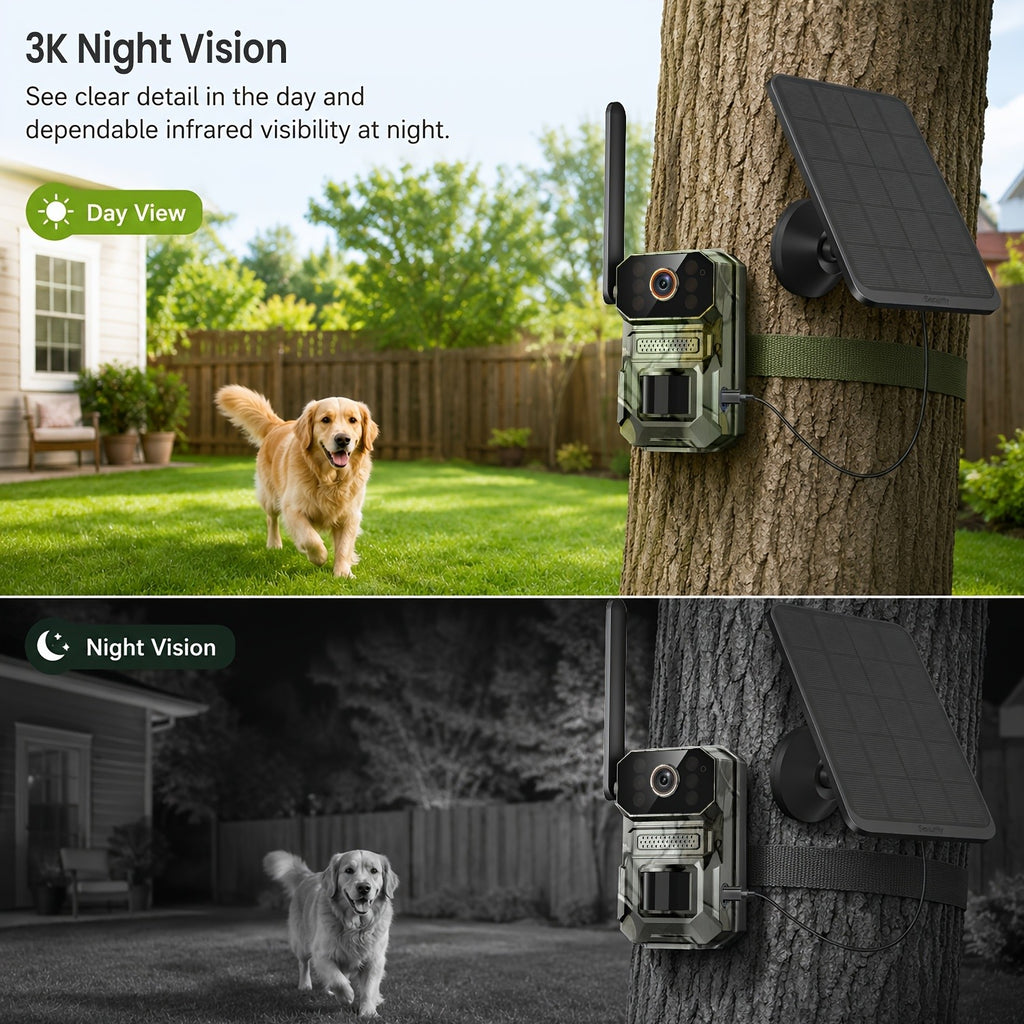 Camouflage Cellular Trail Camera with Listed 3K Imaging, Solar Panel Support, 40ft Motion Detection, Infrared Night Vision and Wide-Angle Lens for Wildlife Observation