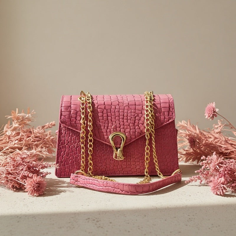 Reptile-Pattern Crossbody Bag for Women with Chain Strap Styling and Gold-Tone Hardware, White, Green or Rose Red Shoulder Purse for Casual and Evening Outfits