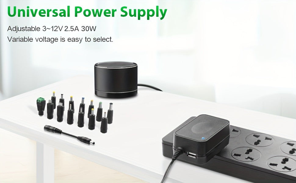 Adjustable AC/DC Power Adapter by ALITOVE, 3V–12V Selectable Output, 30W Maximum, 14 Connector Tips and Listed 5V 2.1A USB Port for Compatible Electronics