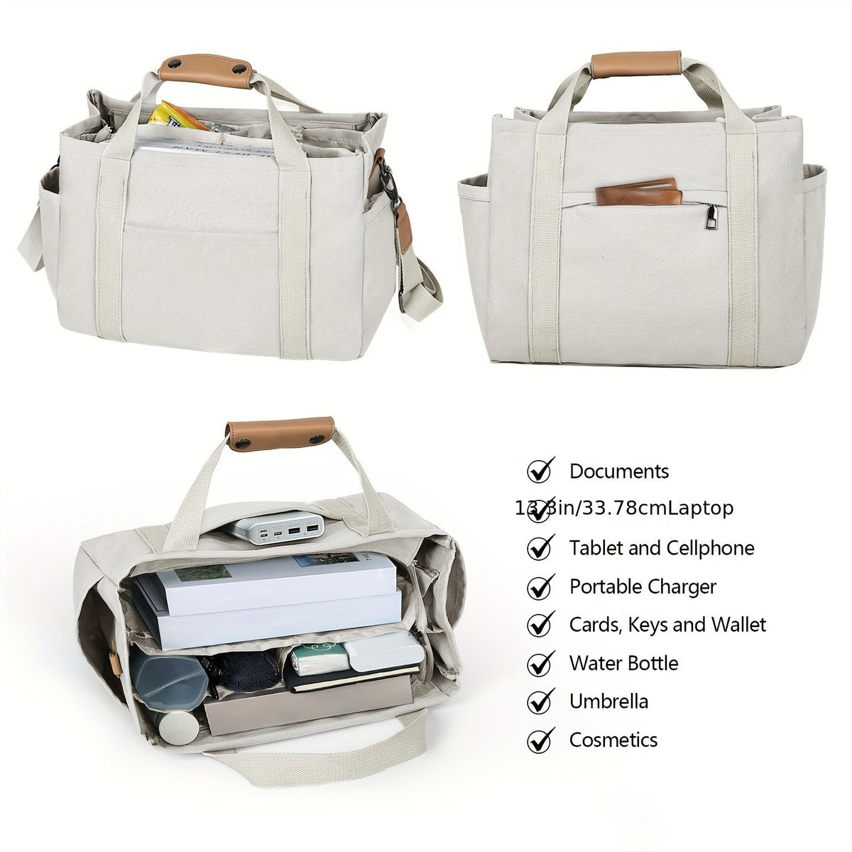 Women's Tote Bag with Three Inner Compartments and Front Zipper Pocket, Small or Large Shoulder and Crossbody Handbag Options for Work, Travel and Daily Carry