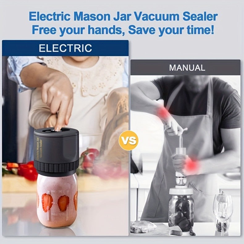 Electric Mason Jar Vacuum Sealer with One-Touch Operation, USB Rechargeable Kitchen Jar Sealing Tool with Wide and Narrow Mouth Lids, Black or White Options