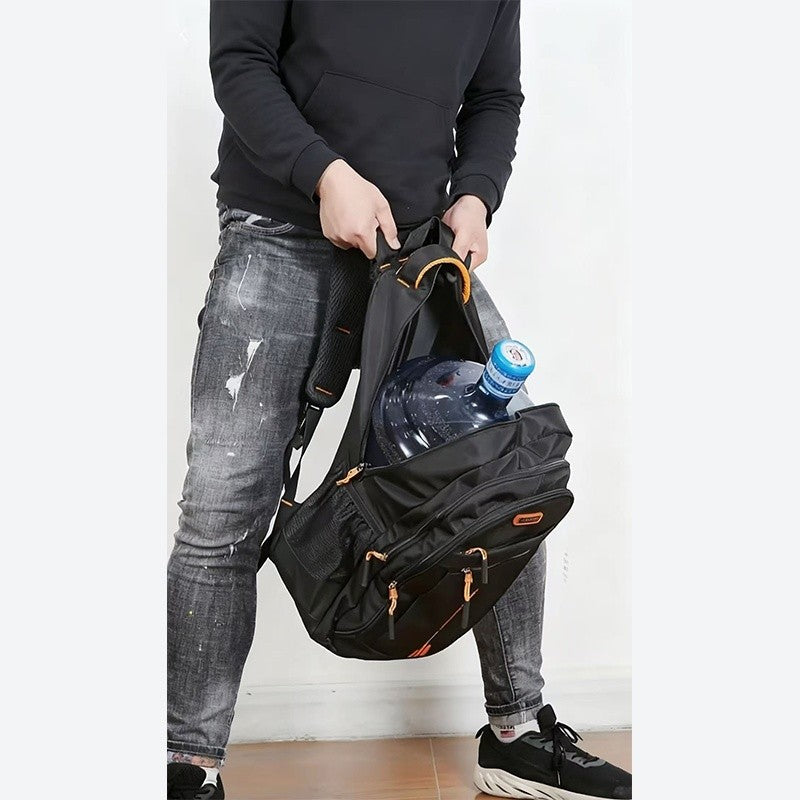 Travel Backpack with Plush Ball Pendant for Men and Women, Nylon Multi-Compartment Carry Bag with Adjustable Shoulder Straps in Black, Blue, Green or Orange