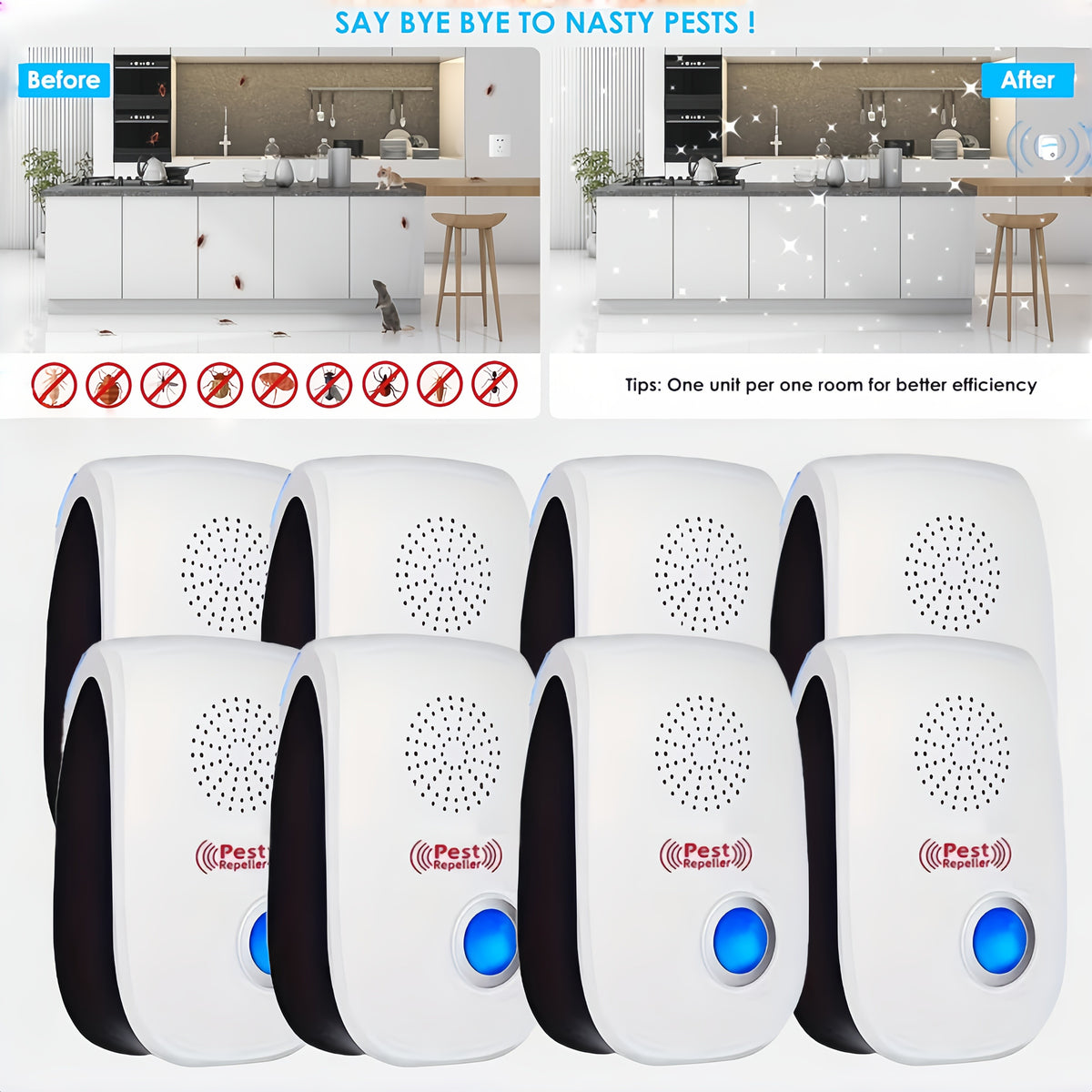 Plug-In Pest and Mouse Repellent Six-Pack with Listed Dual Speakers and Variable-Frequency Soundwave Technology, No Batteries Required for Home Placement