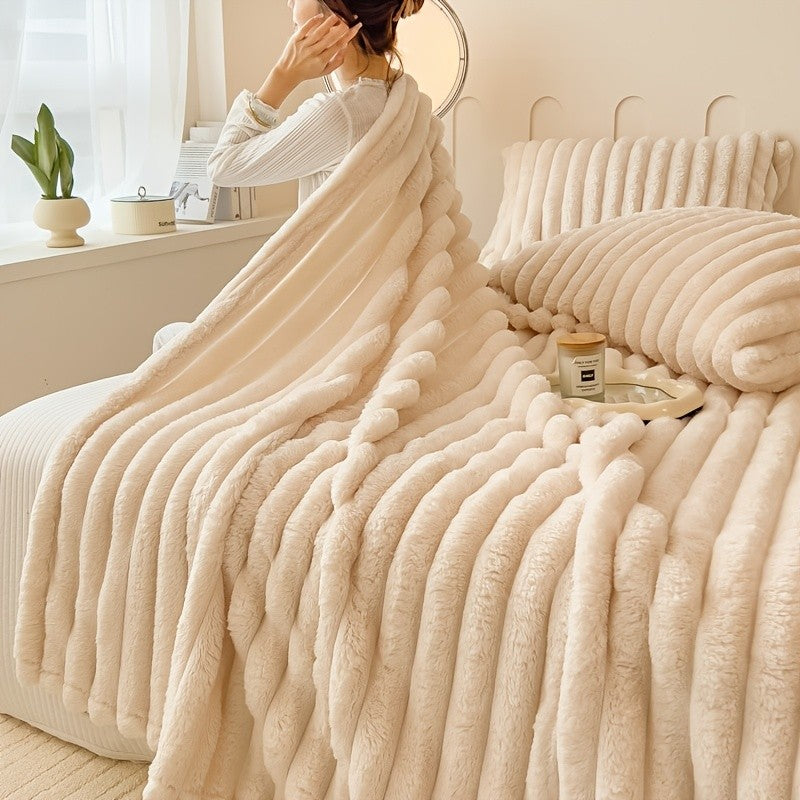 Striped Faux Rabbit Fur Style Blanket with Listed Flannel Feel, Six Size Labels and Seven Color Options for Sofa Lounging, Bedroom Layers and Cozy Gifts
