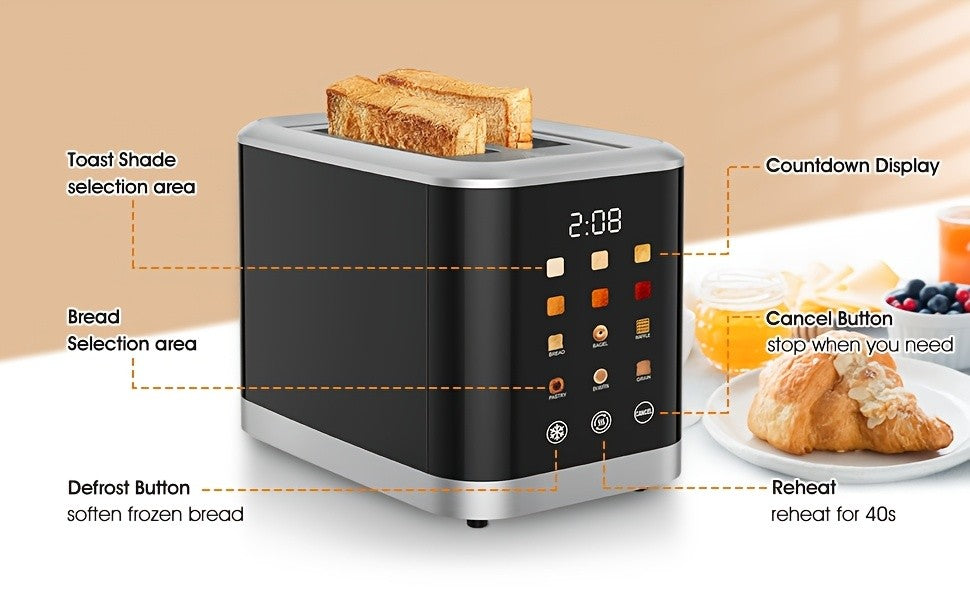 Black Touchscreen Two-Slice Toaster with Listed 1.5-Inch Wide Slots, Cancel and Defrost Functions for Compatible Bread and Bagels, Adjustable Toast Setting Wording