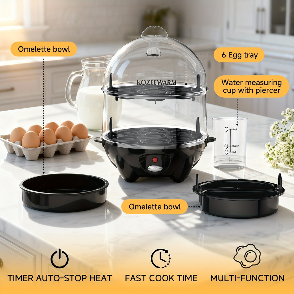 Layered Egg Cooker with Auto Shut-Off, Single or Double Layer Model Options for Boiled Eggs, Scrambled Eggs, Omelets, Steamed Vegetables and Dumplings
