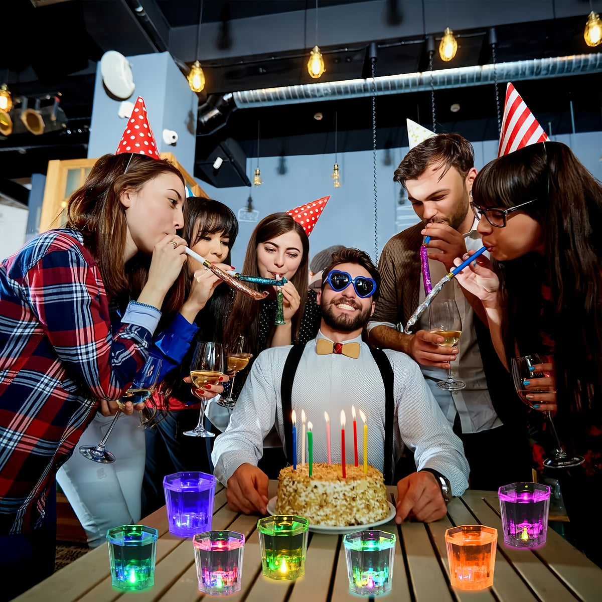 LED Light-Up Party Wine Glasses with Color-Changing Mode Wording, Small Cup Sets in 12 or 15-Piece Options for Birthdays, Weddings and Holiday Celebrations