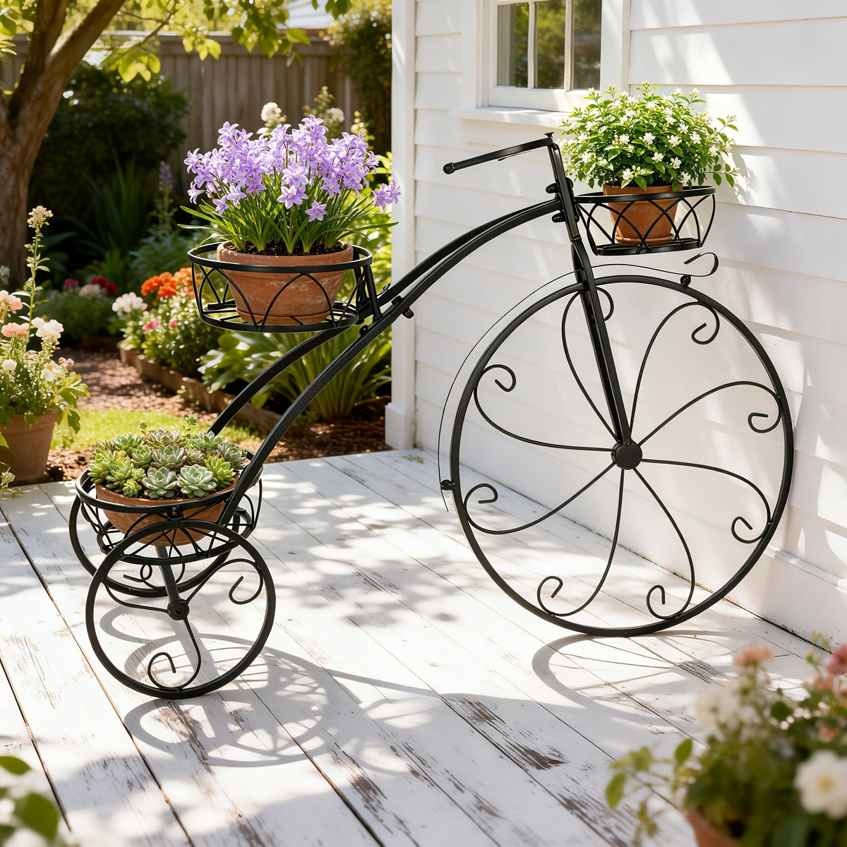 Tricycle Plant Stand in Black or White with Three Iron Pot Holders, Decorative Bicycle Flower Display with Fixed Wheels for Home and Suitable Patio Spaces