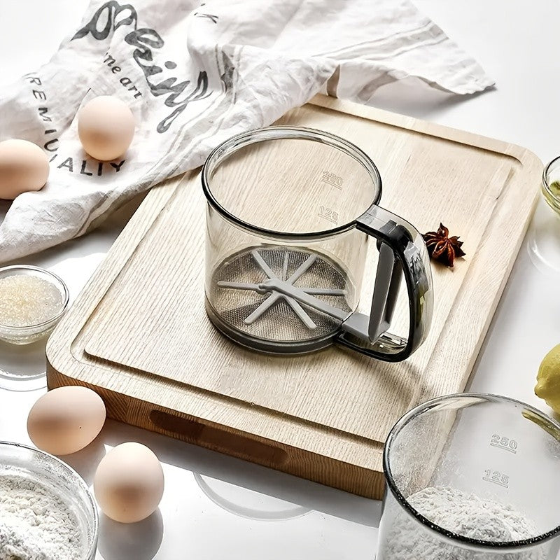 Flour Sifter with Transparent Grey Body and Handle, One-Piece Semi-Automatic Baking Sieve for Preparing Dry Flour for Homemade Cakes and Pastries