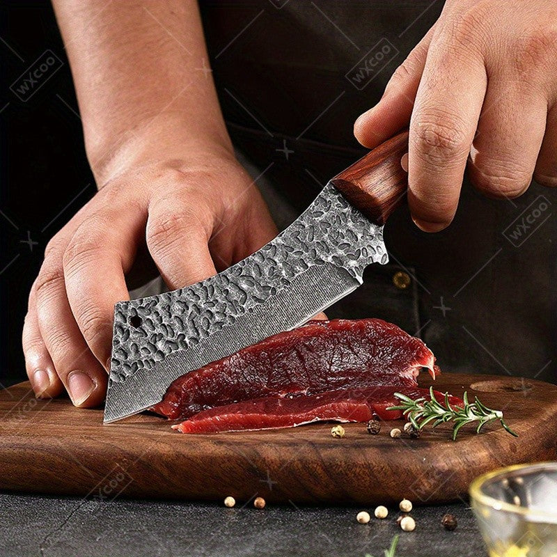 Three Piece Chef Knife Set with Listed 5Cr15MoV Stainless Steel Blades and Hammered Texture for Meat, Fish, Vegetable Preparation and Backyard BBQ Cooking