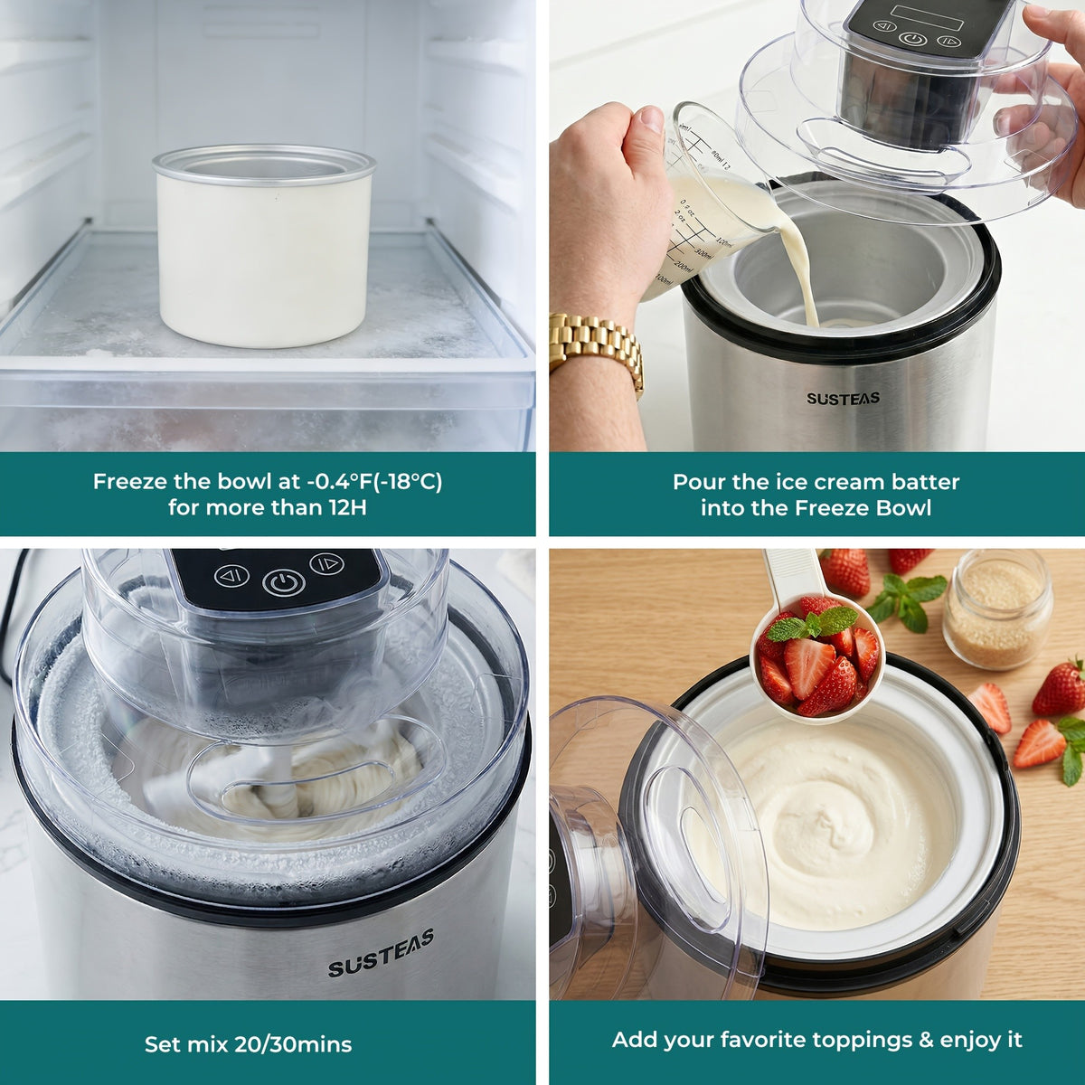 Home Ice Cream Maker with 0.8-Liter White and Green or 2-Liter Stainless Steel Color Options for Homemade Frozen Desserts, Summer Parties and Kitchen Gifts
