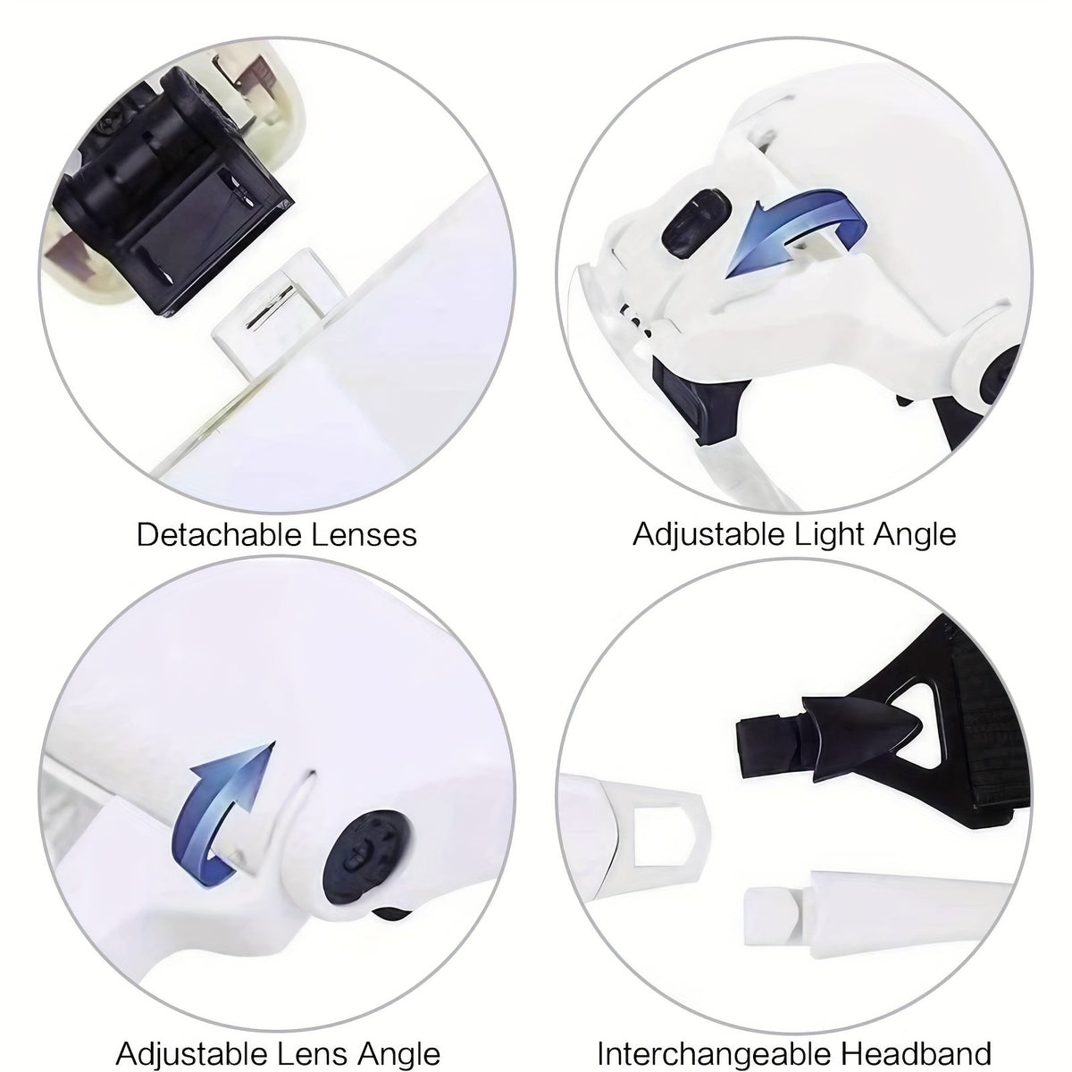LED Head Magnifier in White with Adjustable Headband and Five Interchangeable Lenses from 1X to 3.5X for Reading, Jewelry Crafts, Models and Detail Inspection
