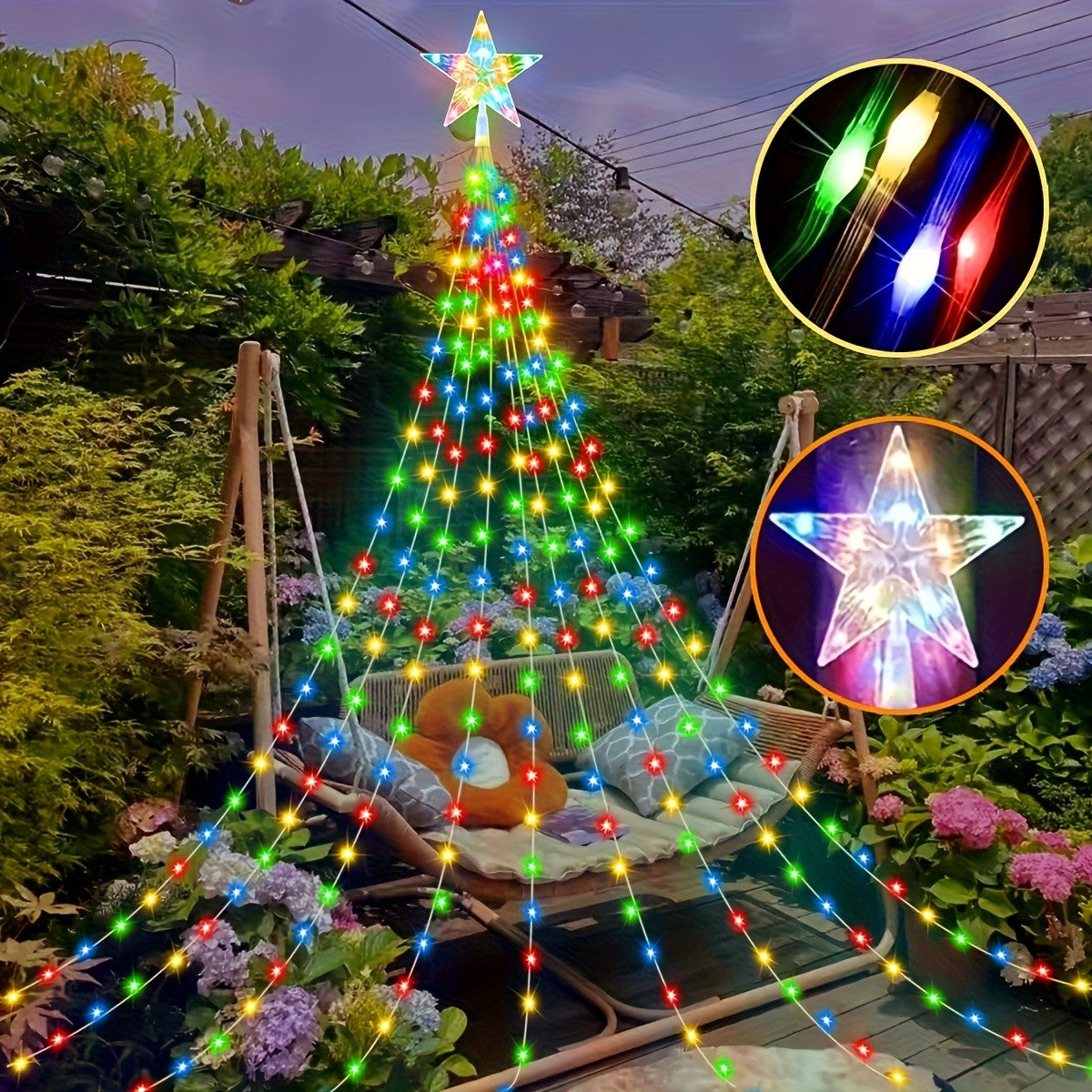 Solar Star Waterfall String Lights with White Color Label, 280LED-3M Model and Eight Listed Modes for Christmas, Garden Wedding and Seasonal Decorative Displays