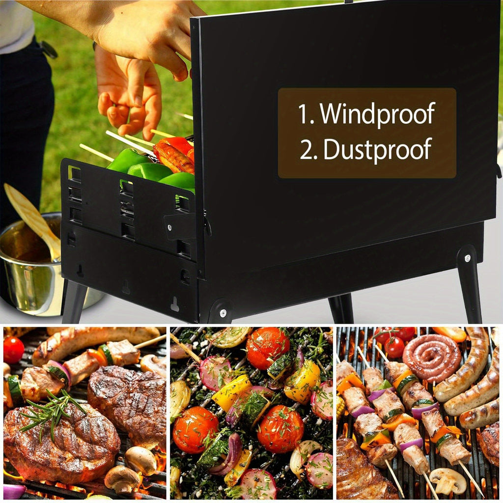 Folding Charcoal Grill with Hood by Backyard Buddy, Black Compact Outdoor Barbecue for Picnic Cooking, Backyard Meals and Portable Cookout Planning