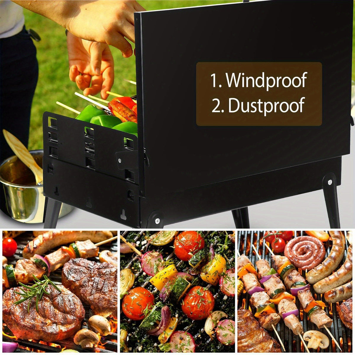 Folding Charcoal Grill with Hood by Backyard Buddy, Black Compact Outdoor Barbecue for Picnic Cooking, Backyard Meals and Portable Cookout Planning
