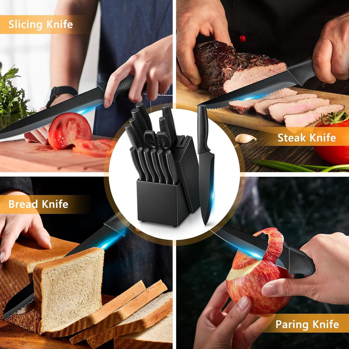 Black Cooking Knife Set with Fruit Knife Small Set or Stainless Steel Kitchen Large Set Options for Slicing, Dicing and Everyday Home Meal Preparation