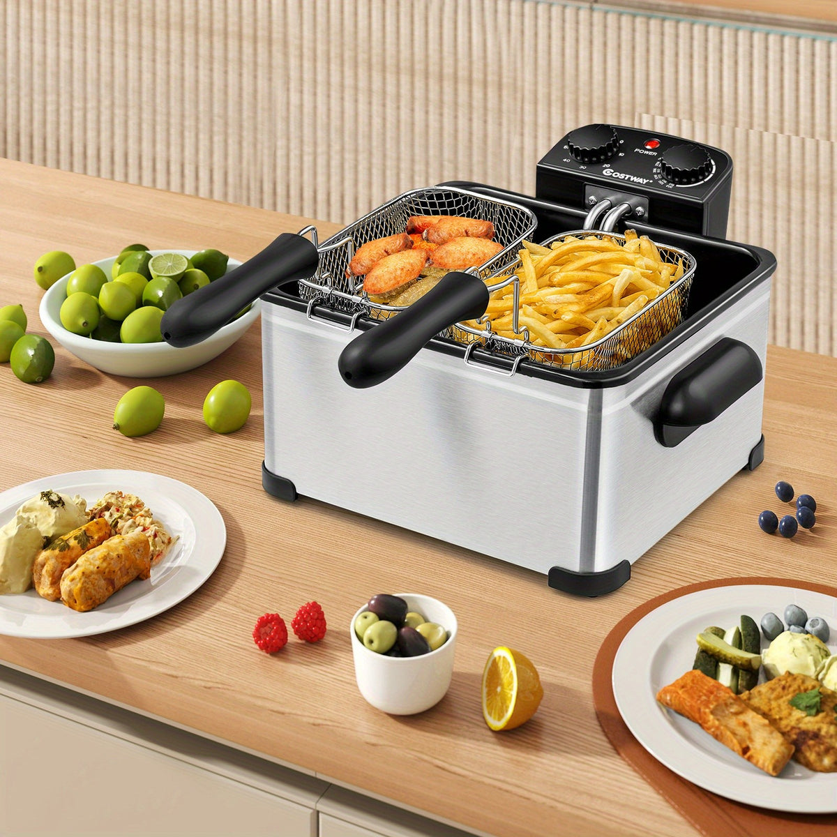 Triple Basket Electric Deep Fryer by Costway, 5.3QT Oil Container with 1700W Heating, Adjustable Temperature, 60-Minute Timer and Viewing Window Lid
