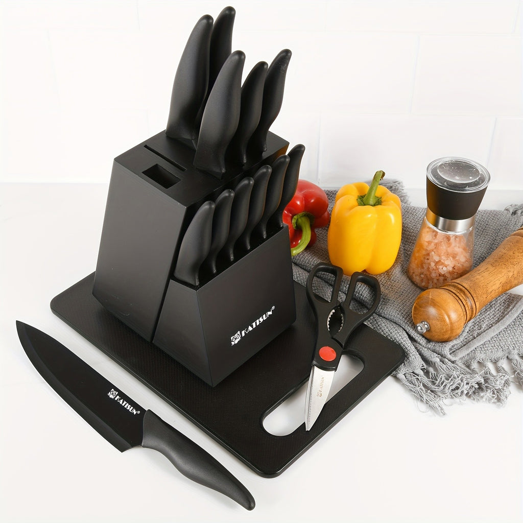 Black Knife and Cutting Board Set, Listed 15-Piece HM2205T-15 Kitchen Collection with Wooden Storage Block, Chef's Knife and Shears for Home Meal Prep