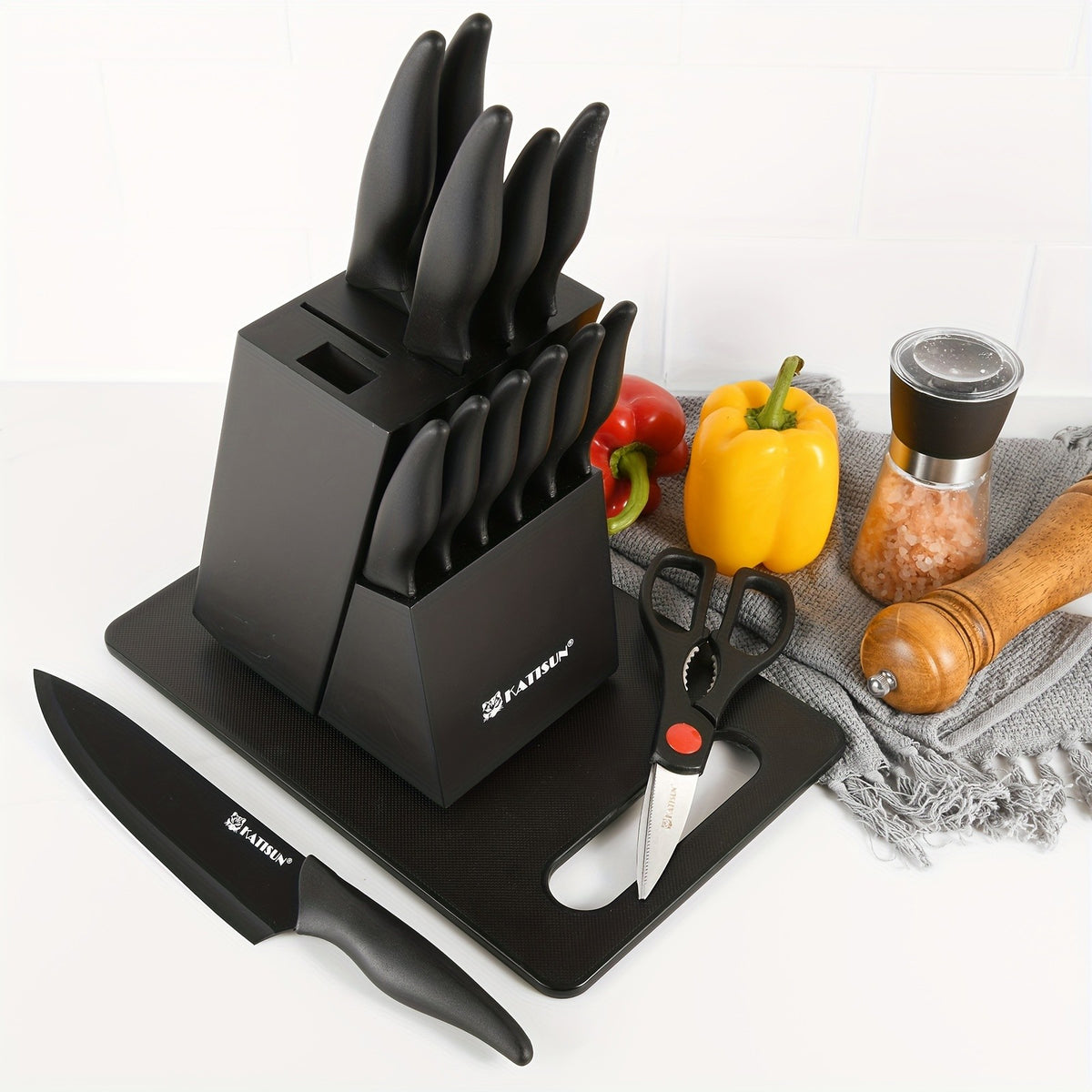Black Knife and Cutting Board Set, Listed 15-Piece HM2205T-15 Kitchen Collection with Wooden Storage Block, Chef's Knife and Shears for Home Meal Prep