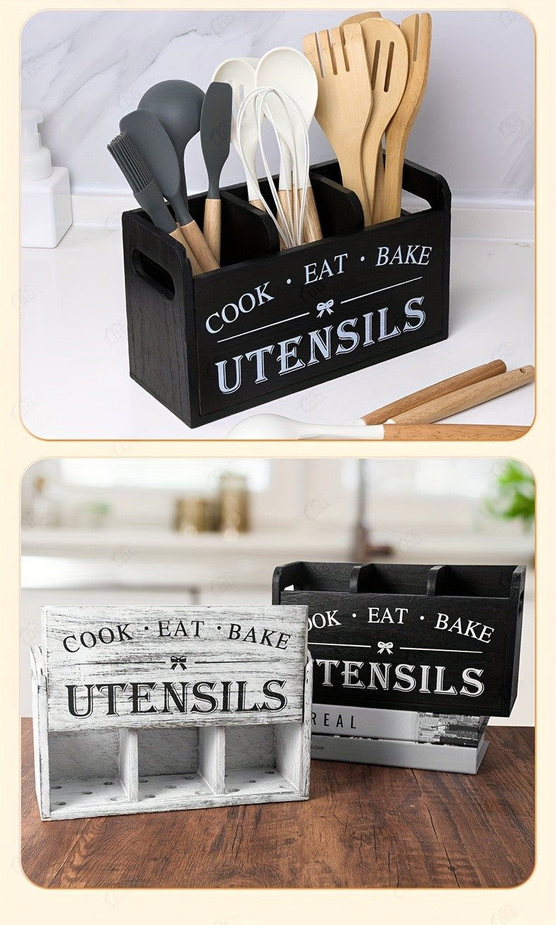 Wooden Kitchen Utensil Holder by LDQ, Rustic Countertop Organizer in Black or White with Two-Compartment Options for Forks, Spoons and Whisks